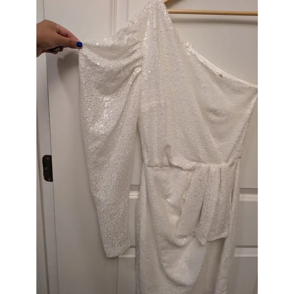 Neiman Marcus Gigii's Sequin Dress White One Sleeve‎ Midi Bridal Wedding - Picture 4 of 7